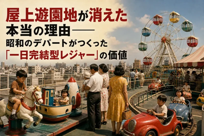 昭和のデパート屋上で小型遊具を楽しむ家族の風景。